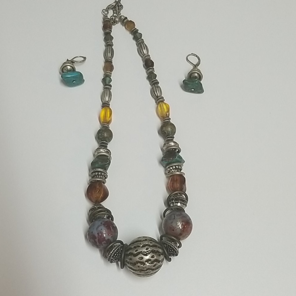Silver, multi colored beaded necklace & earrings